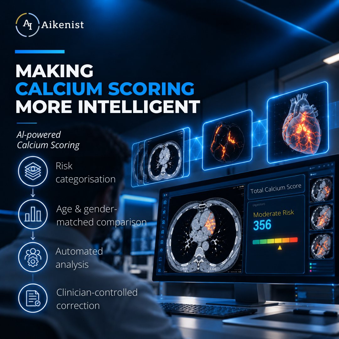 AI-powered calcium scoring: risk categorisation, age and gender-matched comparison, automated analysis and clinician-controlled correction