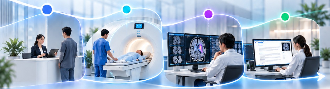 The imaging journey: front desk, MRI acquisition, AI analysis and reporting